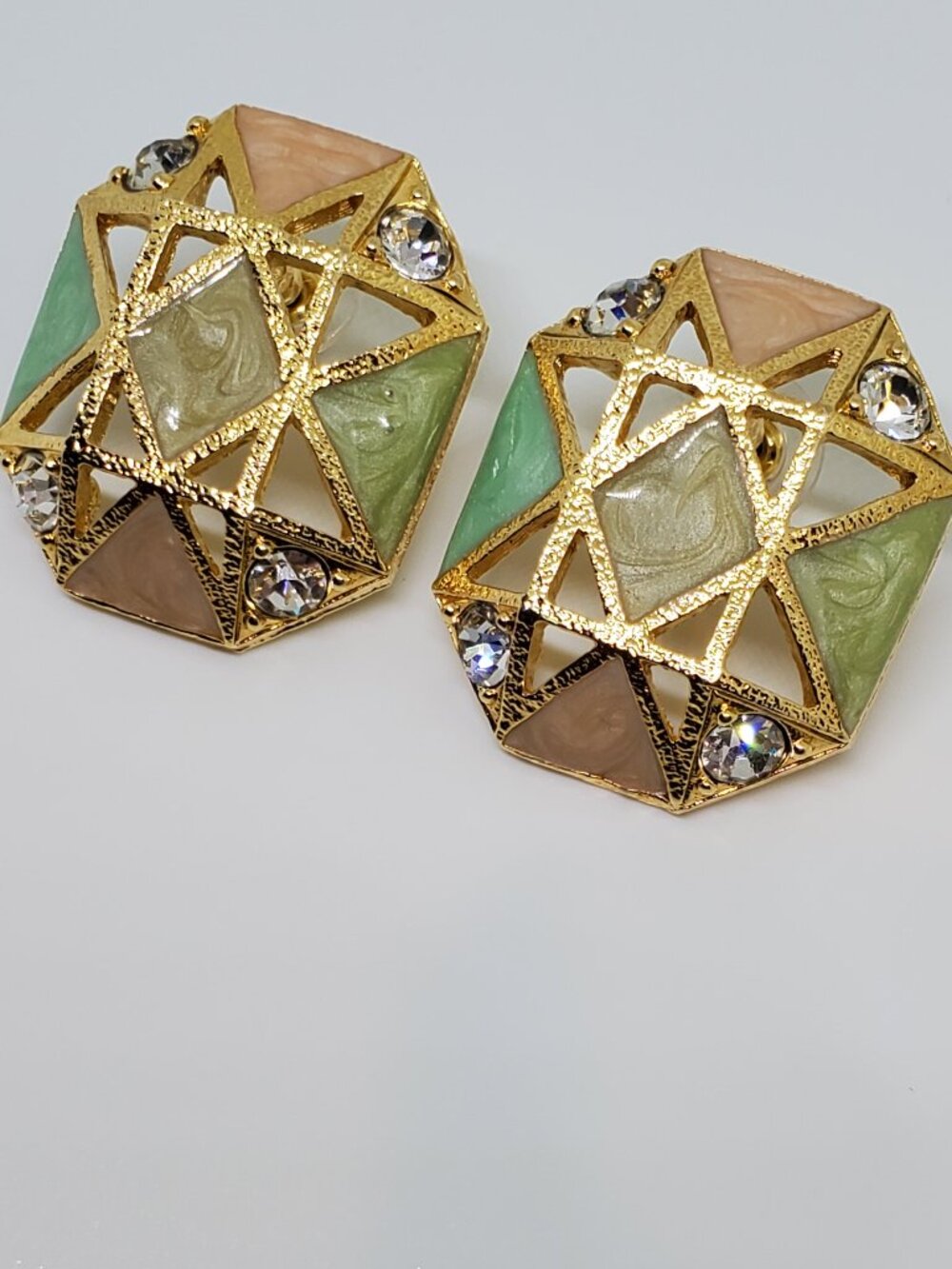 1980's AVON Pastel Octagon Gold Enamel Rhinestone Pierced Chunky Large Earrings